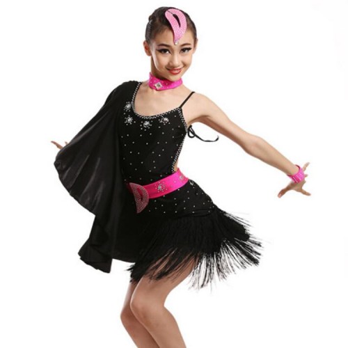 Black fuchsia neon green butterfly rhinestones girl's kids children cosplay competition performance latin salsa dance dresses